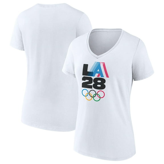 Women's White LA 2028 Summer Olympics Retro Stripe V-Neck T-Shirt