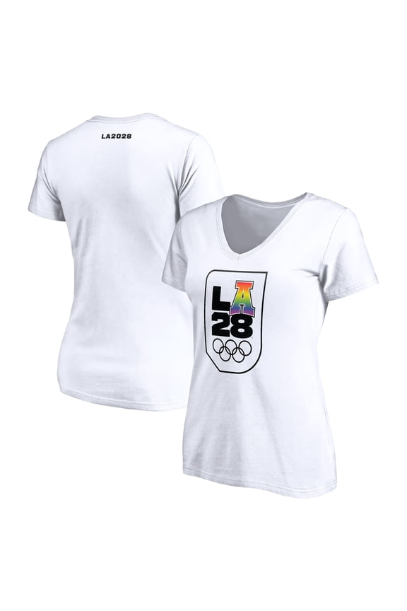Women's White LA28 Summer Olympics Pride V-Neck T-Shirt
