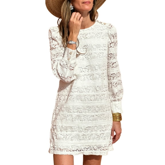 Women's White Lace Crochet Round Neck Puff Sleeve Shift Mini Dress - Elegant Casual Wear - [ZhiHiMeRi] | L