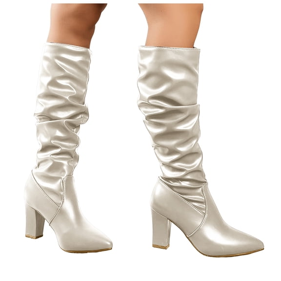 Women's White Leather Slouchy Knee High Boots Wide Calf Pointed Toe High Heeled Non Slip Riding Booties