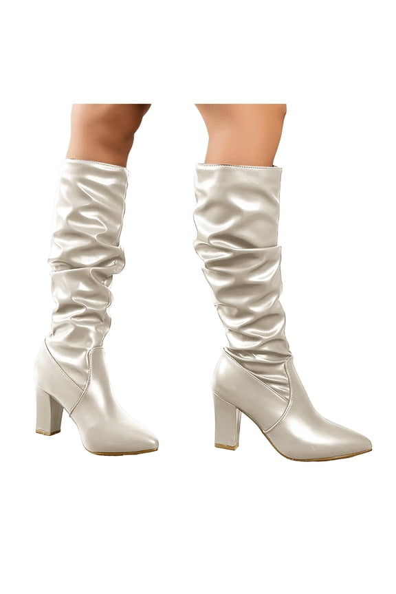 Women's White Leather Slouchy Knee High Boots Wide Calf Pointed Toe High Heeled Non Slip Riding Booties