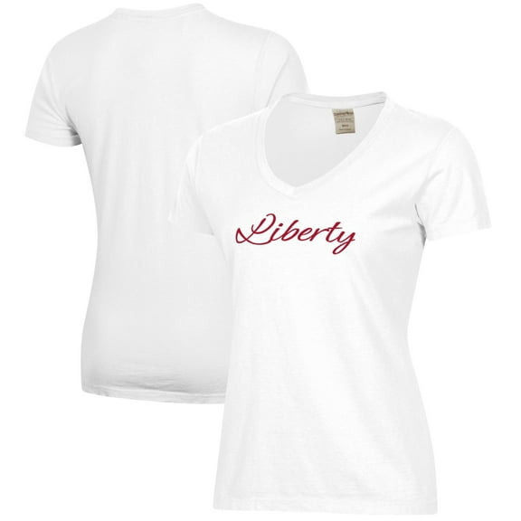 Women's White Liberty Flames Script Logo Comfort Wash V-Neck T-Shirt