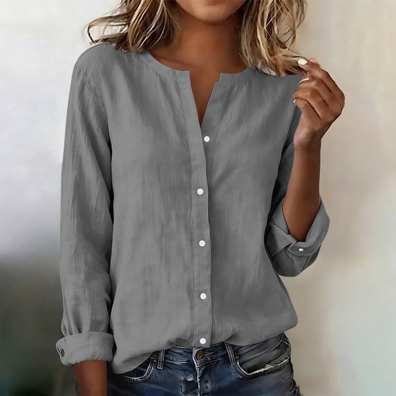 Women's White Linen V-Neck Button Down Shirt Long Sleeve Spring Summer Casual Wear