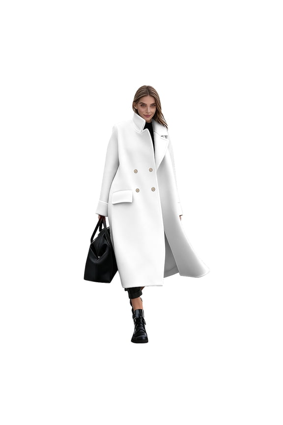 Women's White Long Double Breasted Coats Lapel Collar Pea Coat Slim Fit Jackets Trench Outwear Overcoat