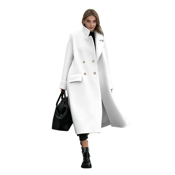 Women's White Long Double Breasted Coats Lapel Collar Pea Coat Slim Fit Jackets Trench Outwear Overcoat
