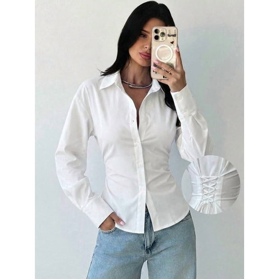 Women's White Long Sleeve Button Down Shirt Tie Waist Blouse