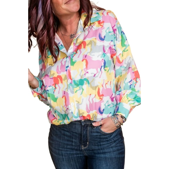 Women's White Long Sleeve Horse Print Button Up Shirt | [ZhiHiMeRi] | (US 12-14)L