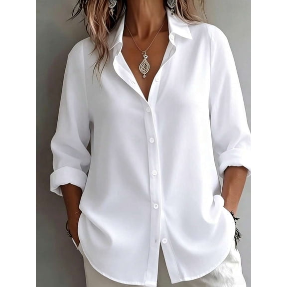 Women's White Loose Fit Button-Down Shirt with Long Sleeves