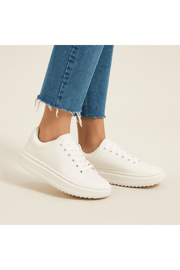 Women's White Low-Top Sneakers with Memory Foam Insole Casual Lace-Up Fashion Shoes Size 9