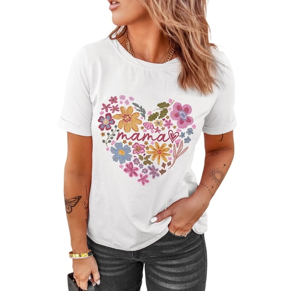 Women's White MAMA Flower Heart Graphic Tee – Soft Cotton Blend Casual T-Shirt | [ZhiHiMeRi] | (US 20-22)2XL
