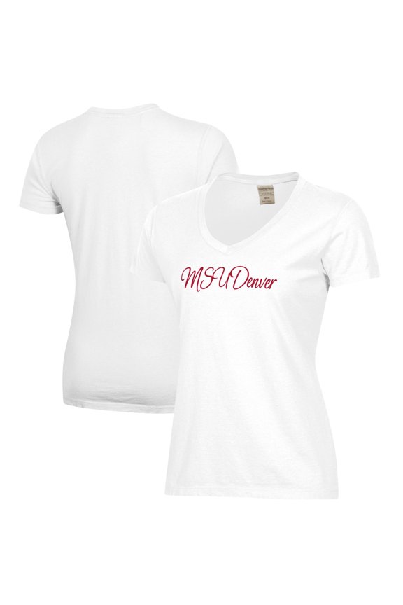 Women's  White MSU Denver Roadrunners Script Logo Comfort Wash V-Neck T-Shirt