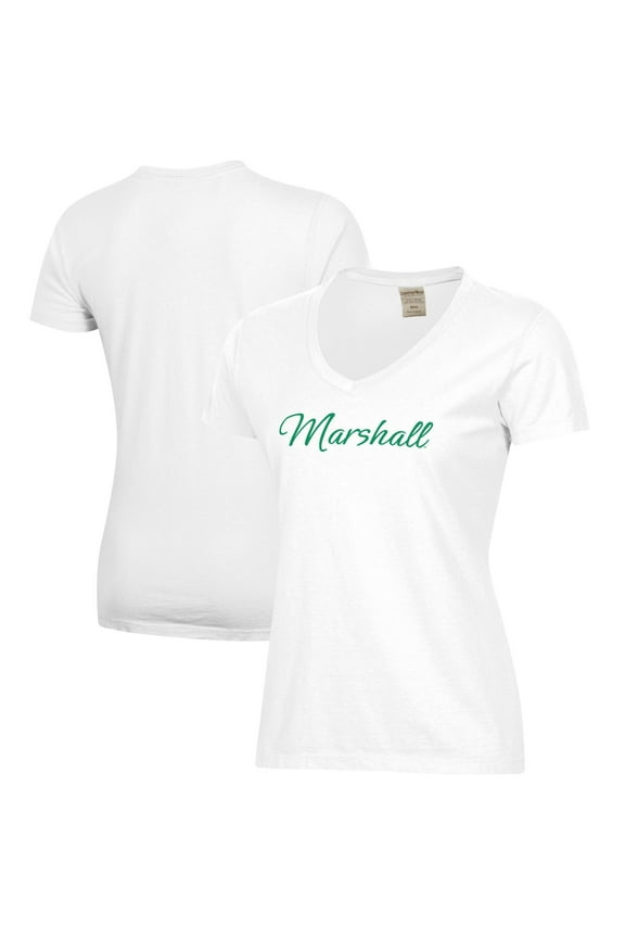 Women's  White Marshall Thundering Herd Script Logo Comfort Wash V-Neck T-Shirt