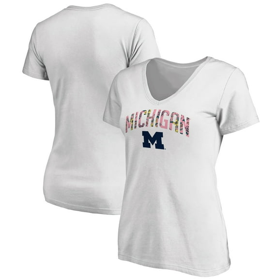 Women's White Michigan Wolverines Floral Arched V-Neck T-Shirt