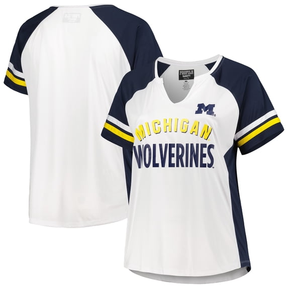 Women's White Michigan Wolverines Plus Size Stripe Raglan Notch Neck T-Shirt