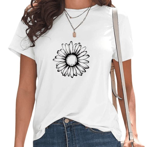 Women's White Minimalist Daisy Print T-Shirt Casual Short Sleeve Tees for Vintage Floral Gift Tops S-5XL