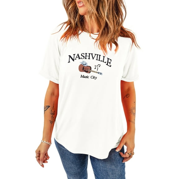 Women's White Nashville Music City Guitar Print Crewneck Tee | [ZhiHiMeRi] | (US 20-22)2XL