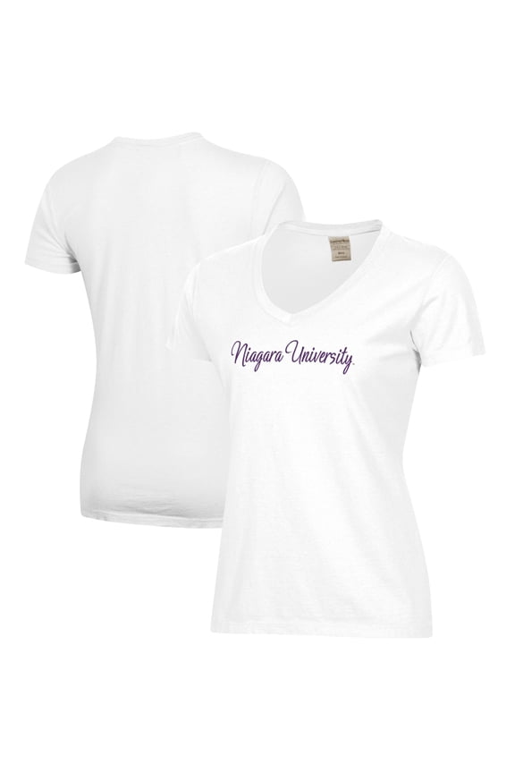 Women's White Niagara Purple Eagles Script Logo Comfort Wash V-Neck T-Shirt