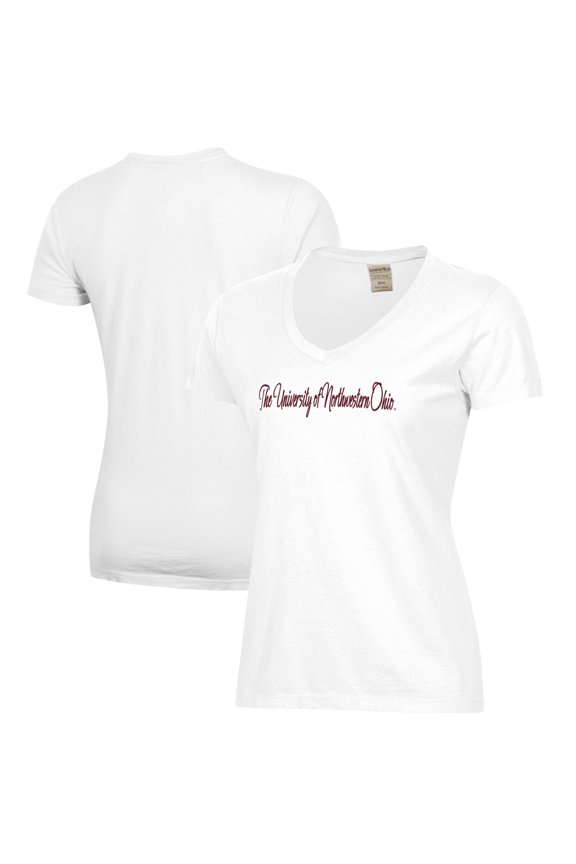Women's White Northwestern Ohio Racers Script Logo Comfort Wash V-Neck T-Shirt