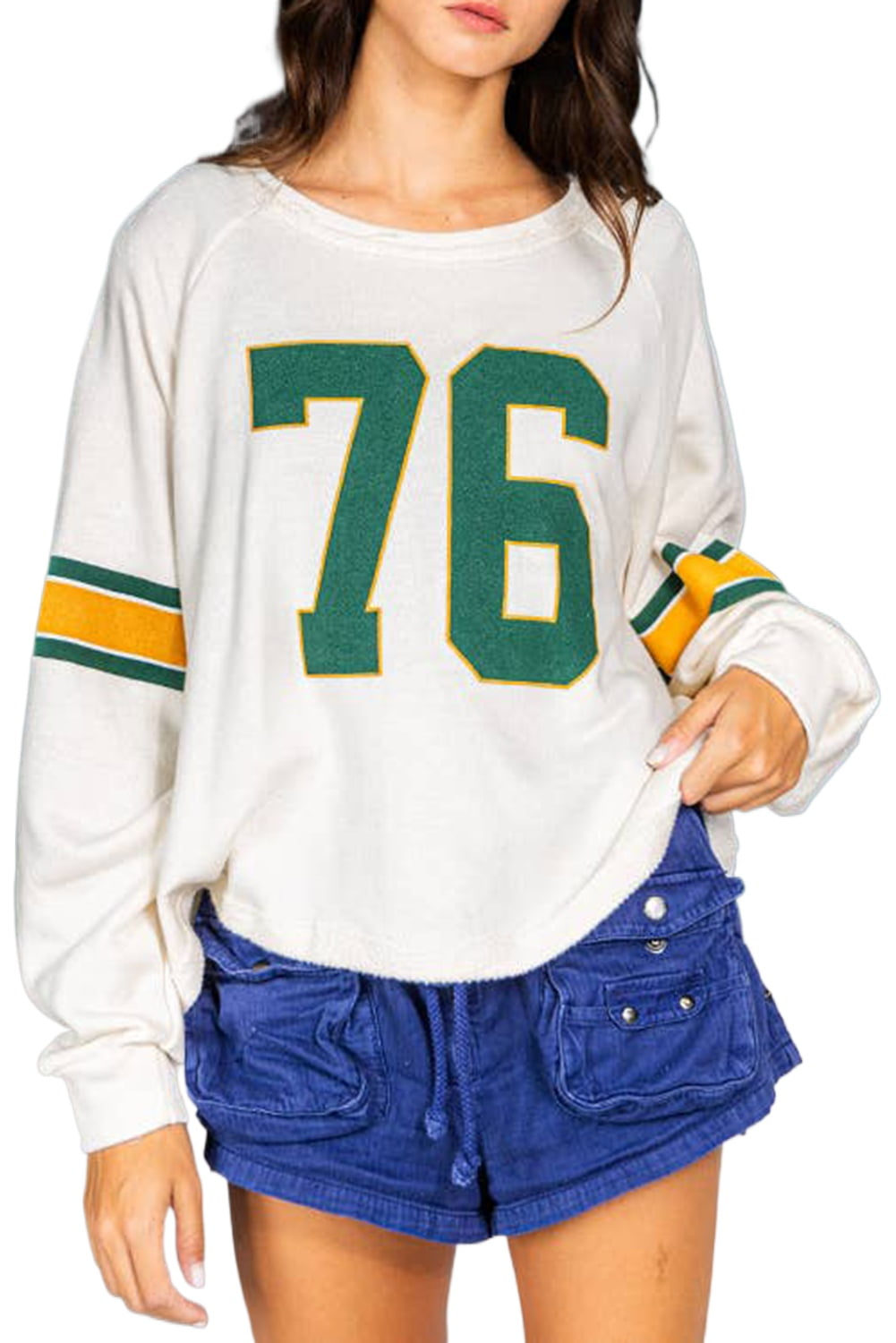 Women's White Number 76 Printed Retro Sporty Long Sleeve Top - [ZhiHiMeRi] | (US 16-18)XL