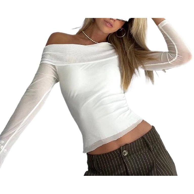 Women's The Crop Tops Sheer Mesh Long Sleeve Solid Slim Fit T-Shirts - Walmart.com