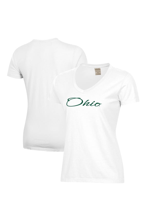 Women's White Ohio Bobcats Script Logo Comfort Wash V-Neck T-Shirt