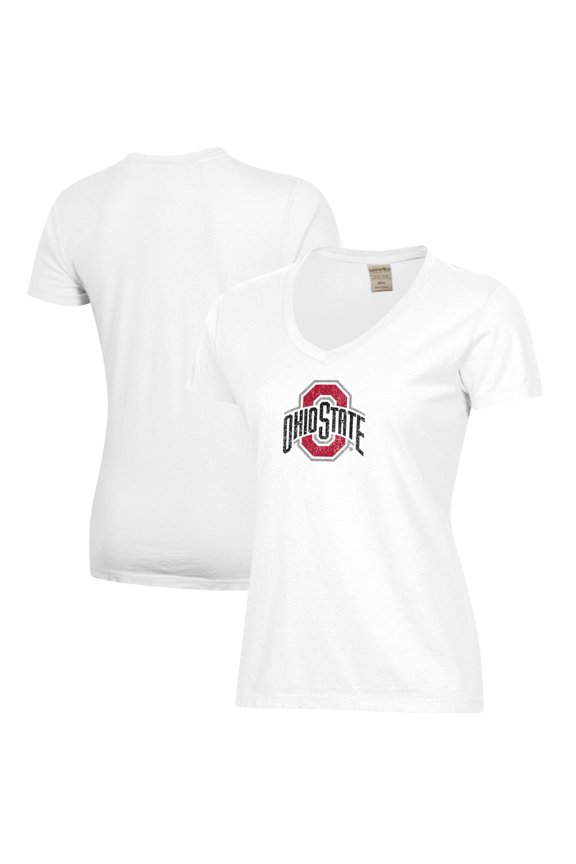 Women's White Ohio State Buckeyes Arch Logo Comfort Wash V-Neck T-Shirt