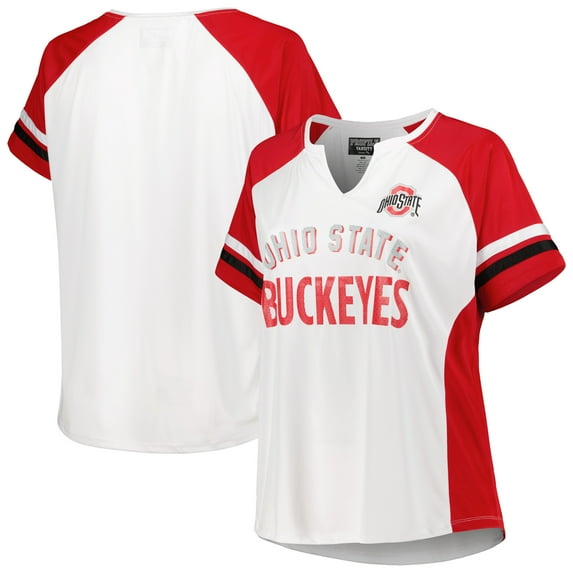 Women's White Ohio State Buckeyes Plus Size Stripe Raglan Notch Neck T-Shirt