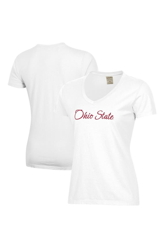 Women's  White Ohio State Buckeyes Script Logo Comfort Wash V-Neck T-Shirt