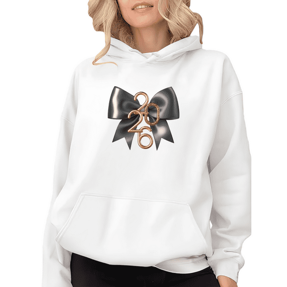 Women's White Oversized Hoodie 2026 Gold Number & Satin Bow Graphic Print Casual Pullover Hooded Sweatshirt S-2XL