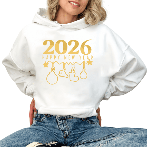Women's White Oversized Hoodie 2026 Happy New Year Gold Ornament Graphic Print Casual Pullover Hooded Sweatshirt S-2XL