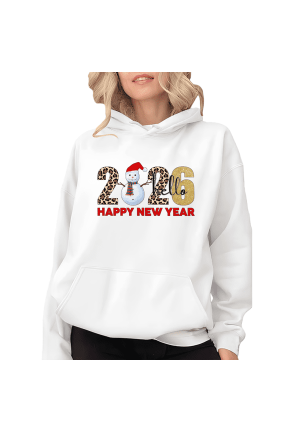 Women's White Oversized Hoodie 2026 Hello Happy New Year Leopard Print Snowman Design Casual Pullover Hooded Sweatshirt S-2XL