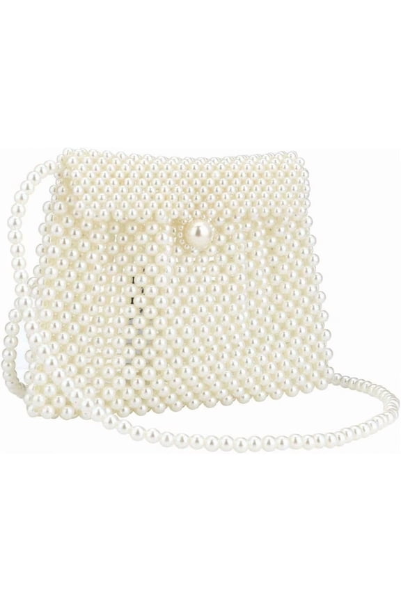Women's White Pearl Tote and Clutch Handbag, 7.67 inches x 5.70 inches, Wedding Occasion, Elegant Style, Handmade Pearl Material