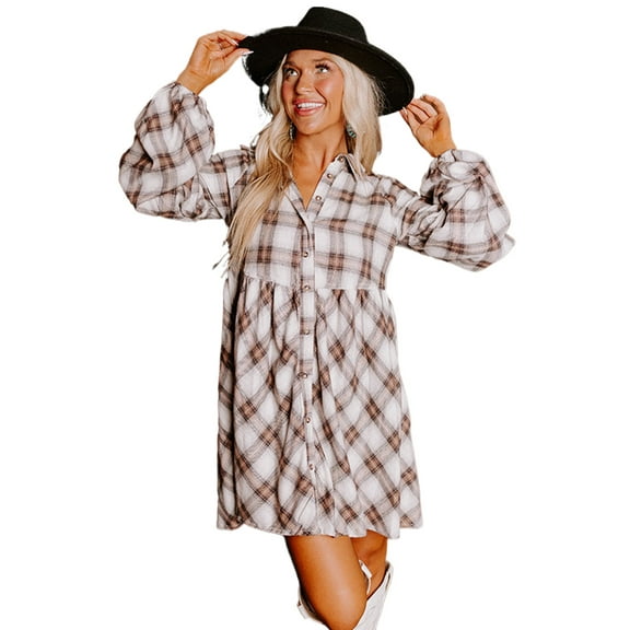 Women's White Plaid Mini Dress with Bubble Sleeves and High Waist - [ZhiHiMeRi] | (US 16-18)XL