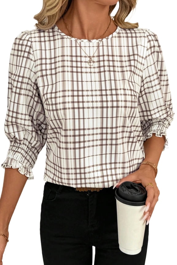 Women's White Plaid Print Frilled Half Sleeve Blouse – Casual Office Style for Summer, XL