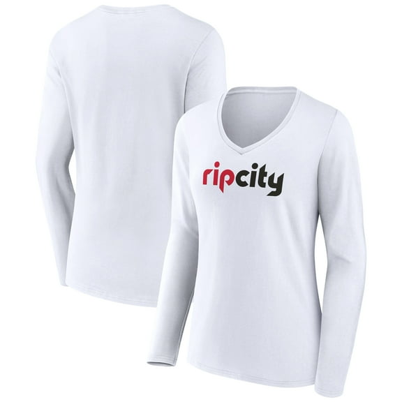 Women's White Portland Trail Blazers Alternate Logo V-Neck Long Sleeve T-Shirt