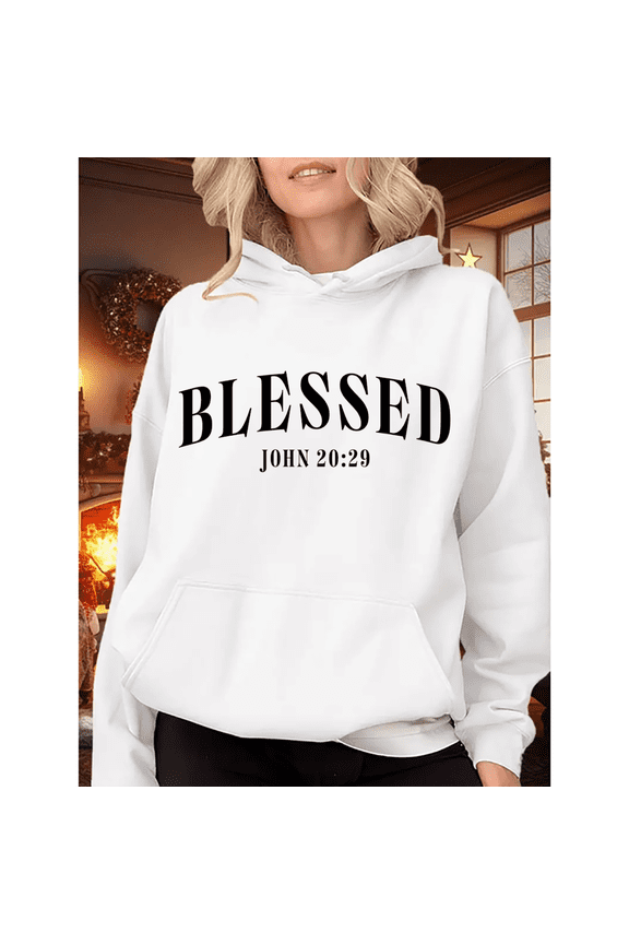Women's White Print Hoodie Graphic Sweatshirt Blessed John 20:29 S-2XL Tops