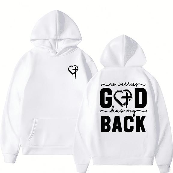 Women's White Print Hoodie Graphic Sweatshirt God Has My Back S-2XL Tops