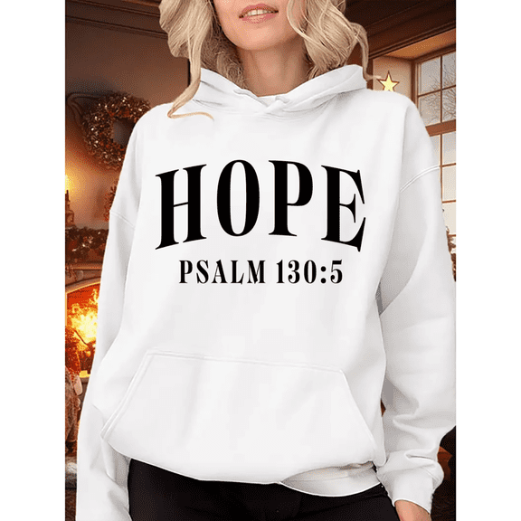 Women's White Print Hoodie Graphic Sweatshirt Psalm 130:5 S-2XL Tops