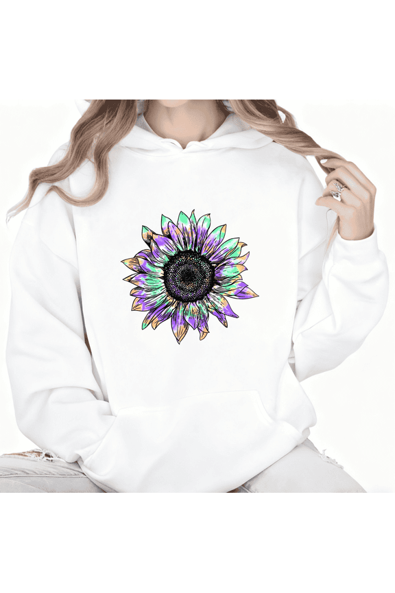 Women's White Print Hoodie Graphic Sweatshirt Rainbow Sunflower S-2XL Tops
