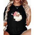 thumbnail image 1 of Women's White Print T-Shirt Graphic Tee Vintage Pink Santa with Holly & Sparkles Festive Holiday Casual Tops S-5XL, 1 of 5