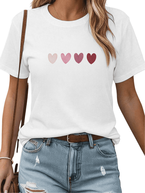 Women's White Print Tshirt Graphic Tees Gradient Heart Pattern Shirts S-5XL Casual Valentine's cotton White Print Tshirt Graphic Tees Gradient Heart Pattern Shirts S-5XL