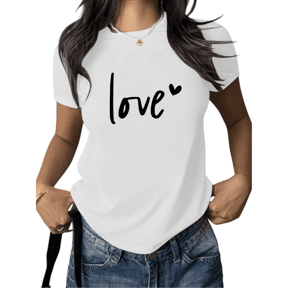 Women's White Print Tshirt Graphic Tees Love Heart Pattern Shirts S-5XL Casual Daily Tops