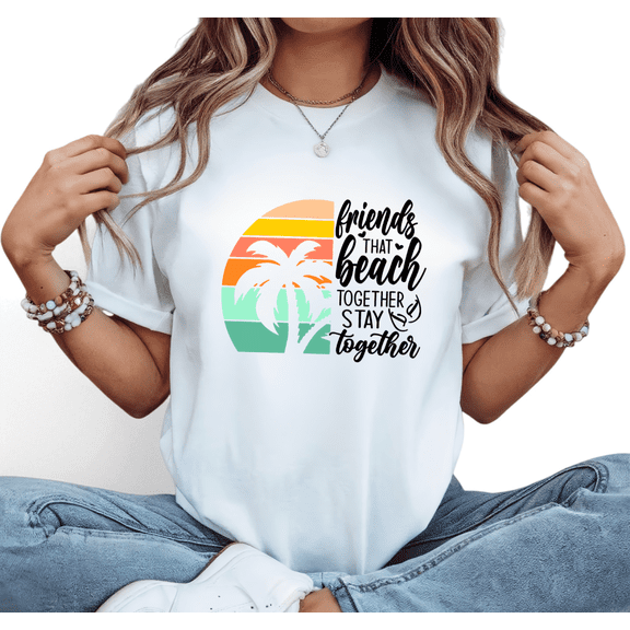 Women's White Print Tshirt Graphic Tees Shirts Beach Friend Bond S-5XL Tops