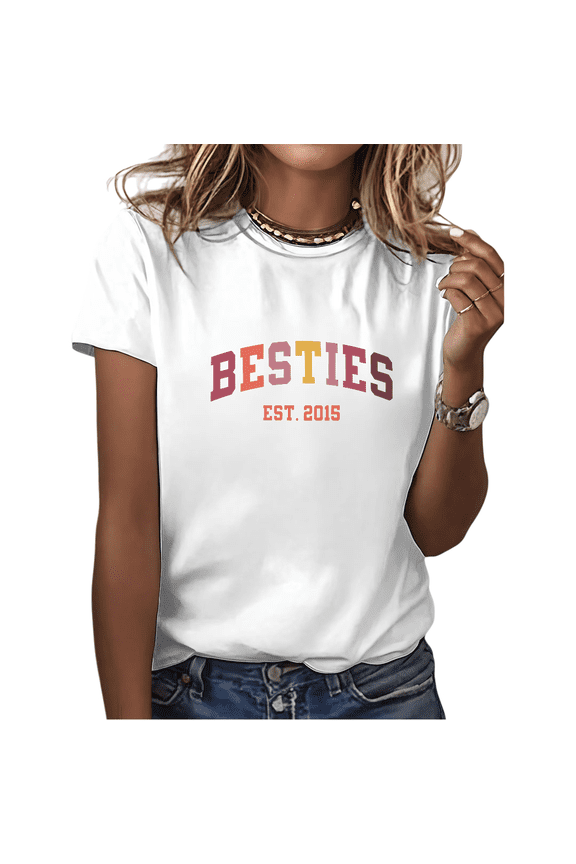 Women's White Print Tshirt Graphic Tees Shirts Besties Est 2015 S-5XL Tops