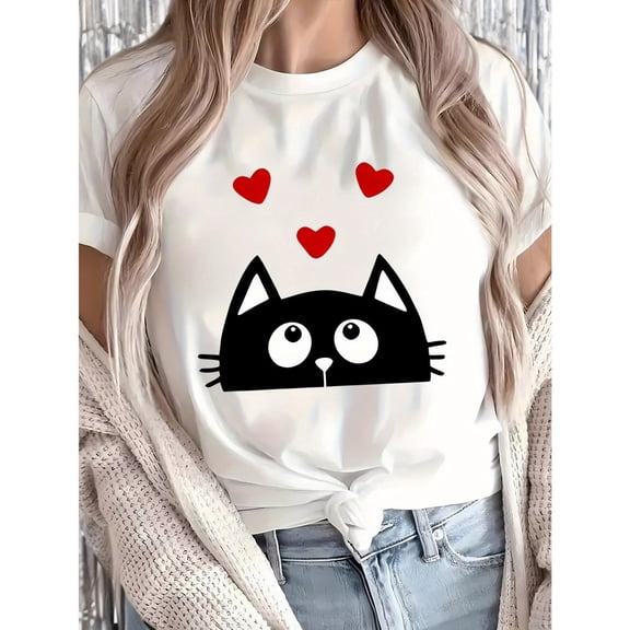Women's White Print Tshirt Graphic Tees Shirts Black Cat Heart Cartoon Pet Design Casual Tops S-5XL