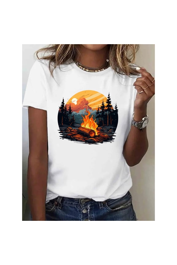 Women's White Print Tshirt Graphic Tees Shirts Camping Bonfire Outdoor Design Casual Tops S-5XL