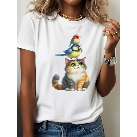 Women's White Print Tshirt Graphic Tees Shirts Cat Bird Watercolor Nature Pet Design Casual Tops S-5XL