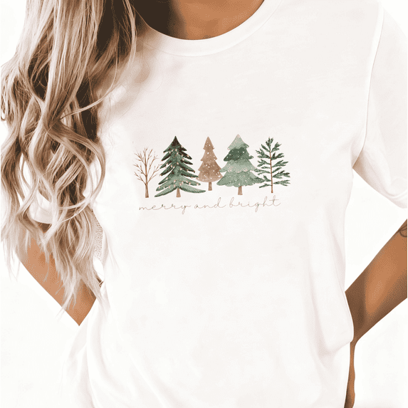 Women's White Print Tshirt Graphic Tees Shirts Christmas Tree Merry and Bright Art Design Tops S-5XL