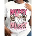 thumbnail image 1 of Women's White Print Tshirt Graphic Tees Shirts Leopard Pink Santa Merry Christmas Holiday S-5XL Tops, 1 of 5