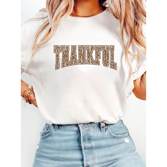 Women's White Print Tshirt Graphic Tees Shirts Leopard Thankful Thanksgiving Fall S-5XL Tops